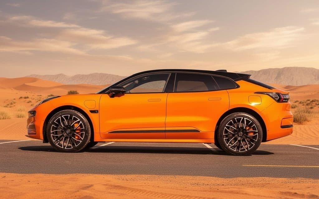 Zeekr 001 2023 Orange side profile – rental in Dubai