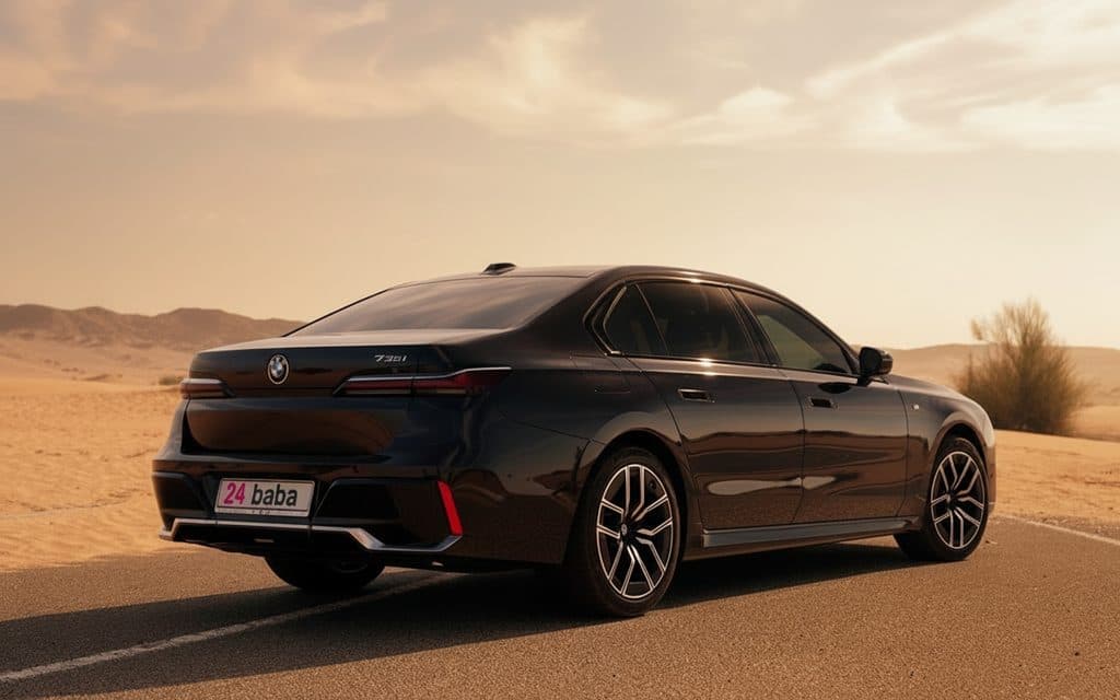 Bmw 740 2023 Black rear view showing taillights