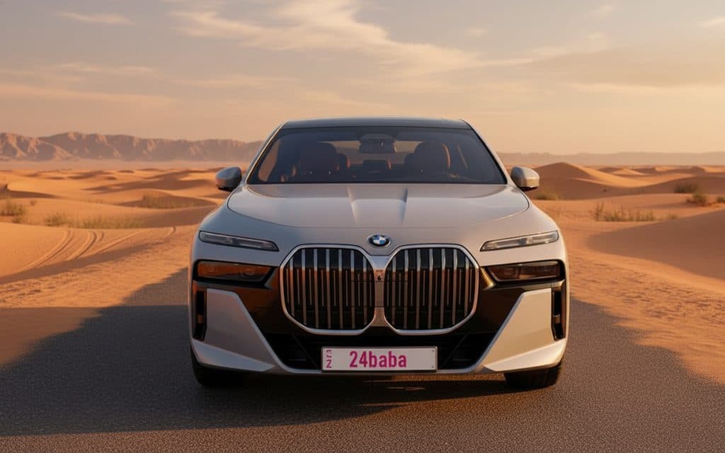 Bmw 740 2024 Grey front view with headlights