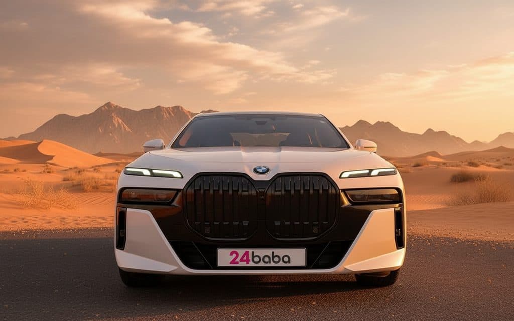 Bmw 740 2023 White front view with headlights