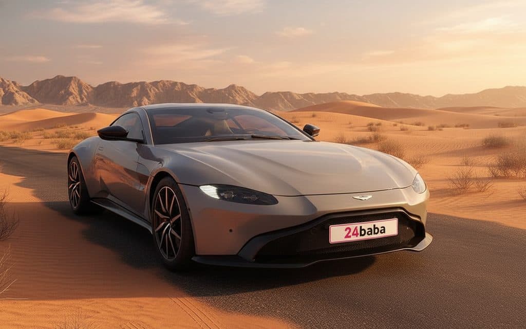 AstonMartin Vantage 2022 Grey front view with headlights – rental in Dubai