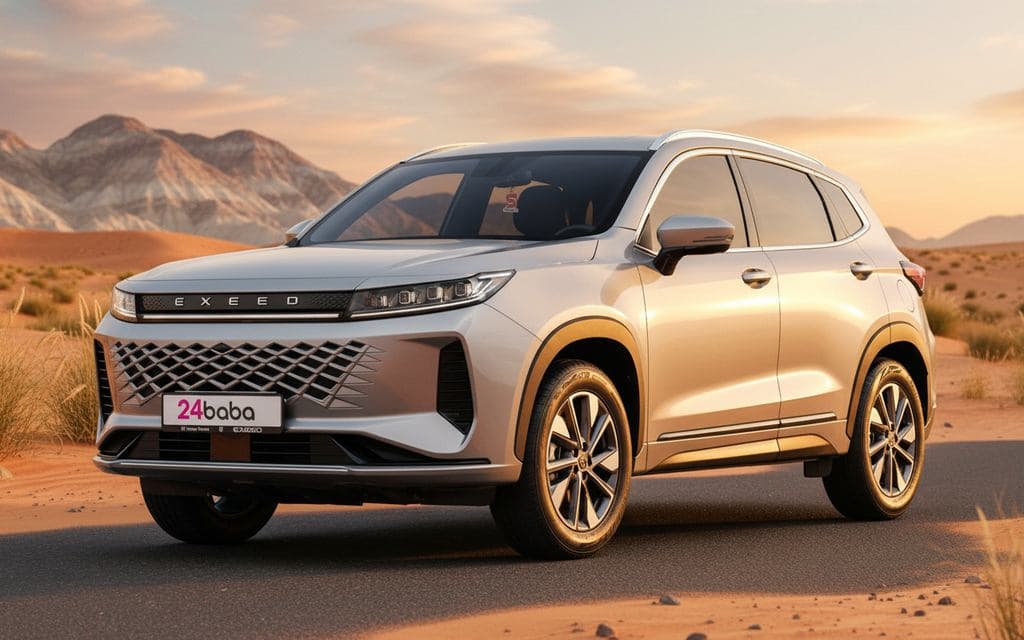 Exeed Lx 2025 Silver front view with headlights – rental in Dubai