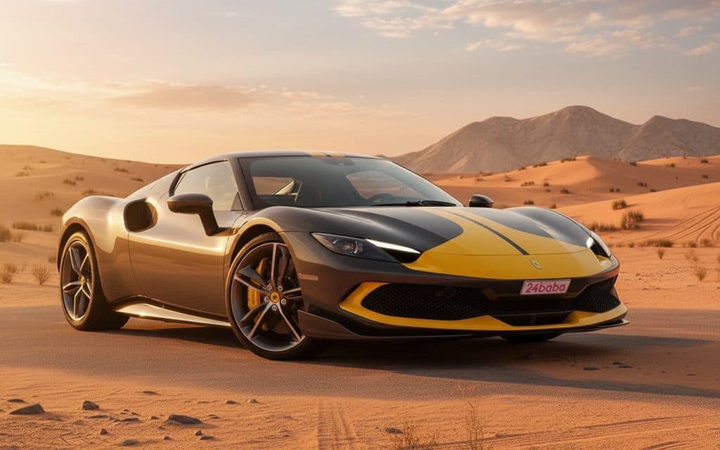 Ferrari 296 2024 Black front view with headlights – rental in Dubai