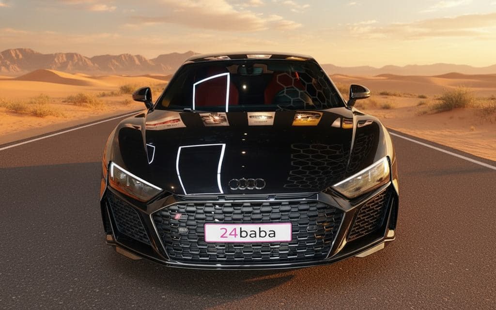 Audi R8 2023 Black front view with headlights – rental in Dubai