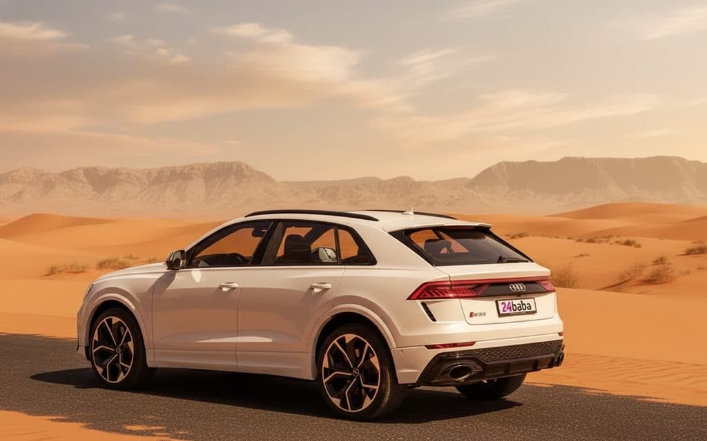Audi RsQ8 2021 White rear view showing taillights – rental in Dubai