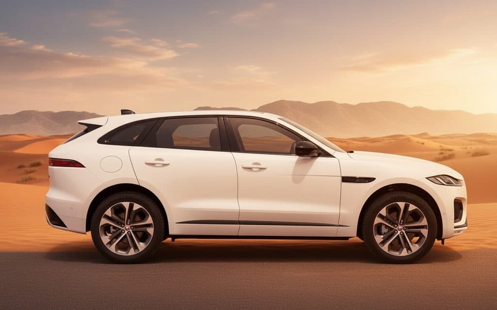 Jaguar F Pace 2025 White side profile – rental in Dubai