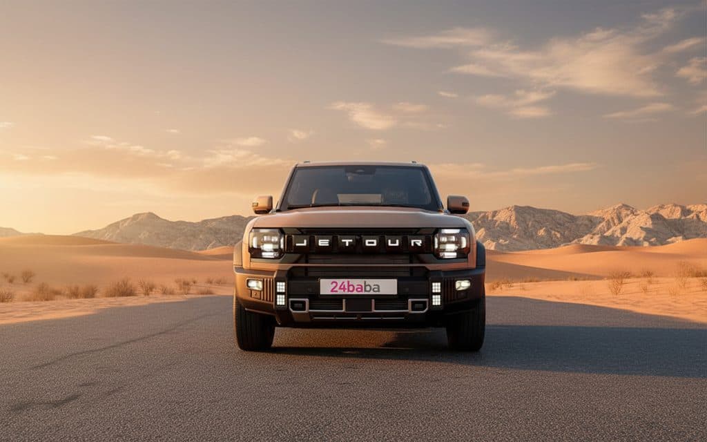 Jetour T2 2026 Beige front view with headlights – rental in Dubai