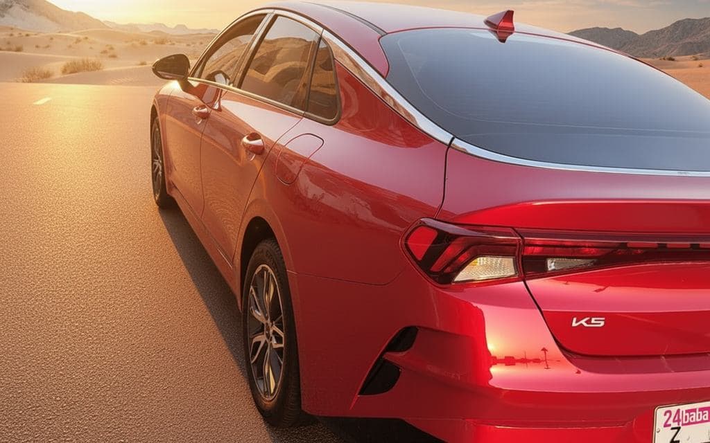 Kia K5 2023 Red rear view showing taillights – rental in Dubai