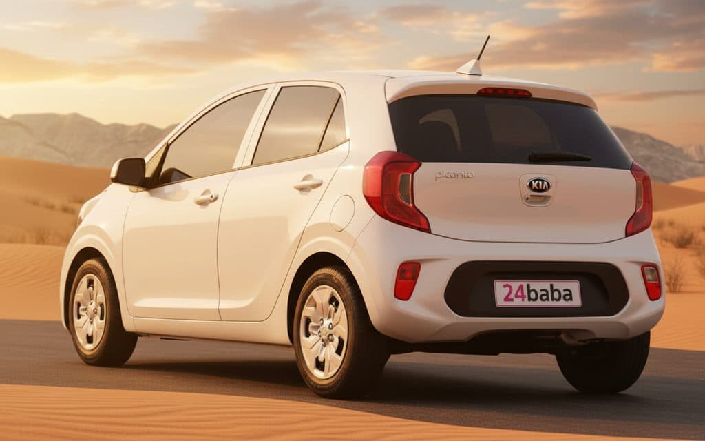 Kia Picanto 2023 White rear view showing taillights – rental in Dubai