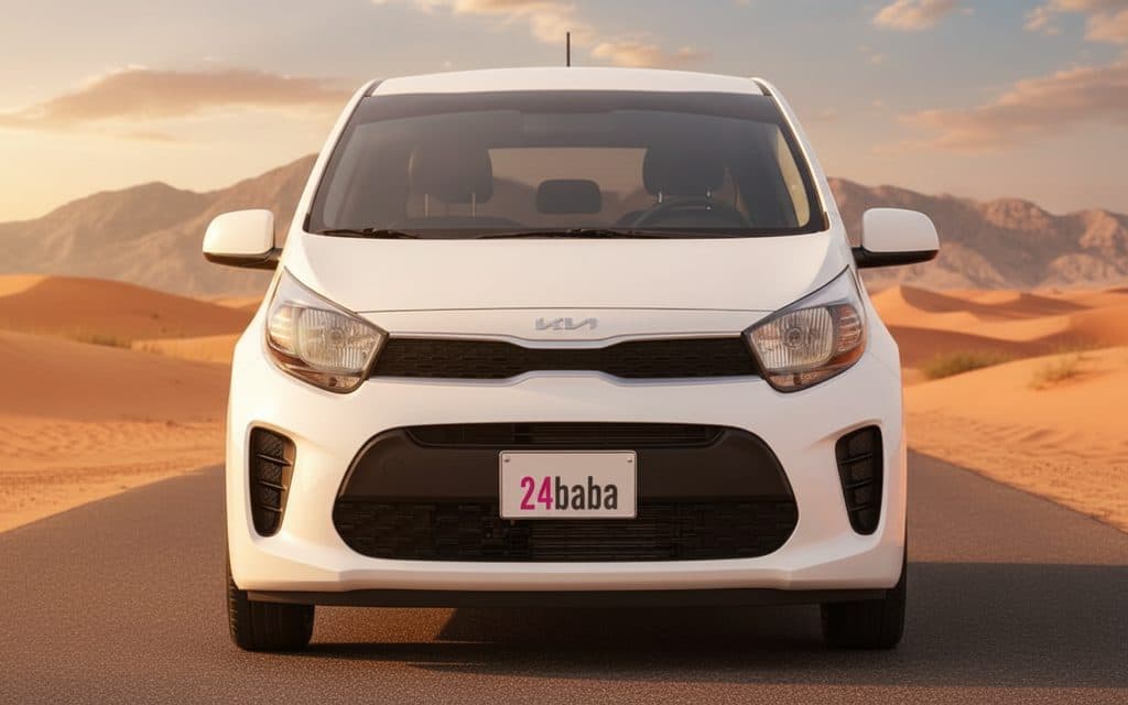 Kia Picanto 2023 White front view with headlights – rental in Dubai