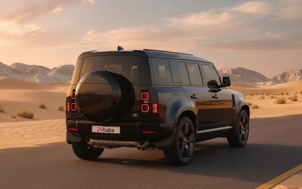 LandRover Defender 2024 Black rear view showing taillights – rental in Dubai