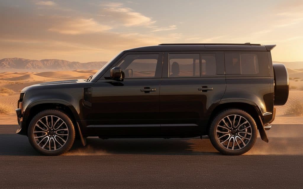 LandRover Defender 2025 Black side profile – rental in Dubai