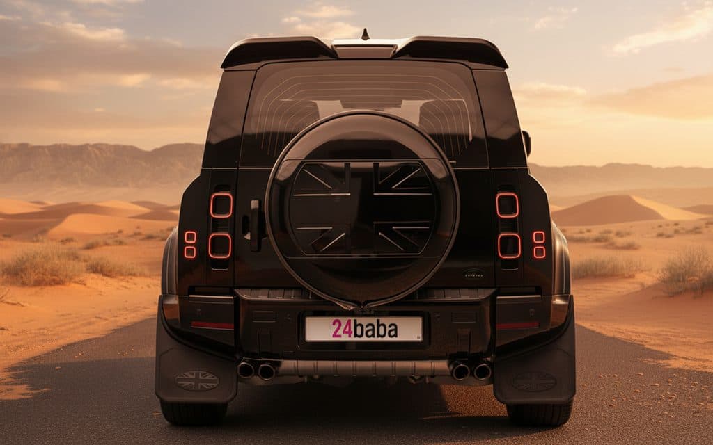 LandRover Defender 2025 Black rear view showing taillights – rental in Dubai