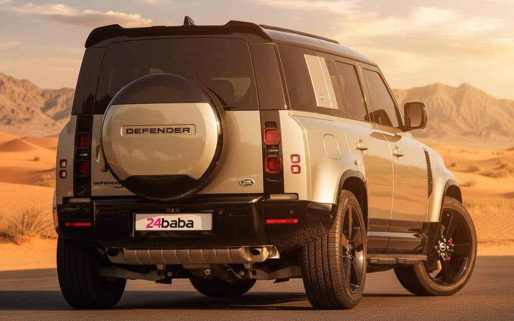 LandRover Defender 2022 Silver rear view showing taillights – rental in Dubai