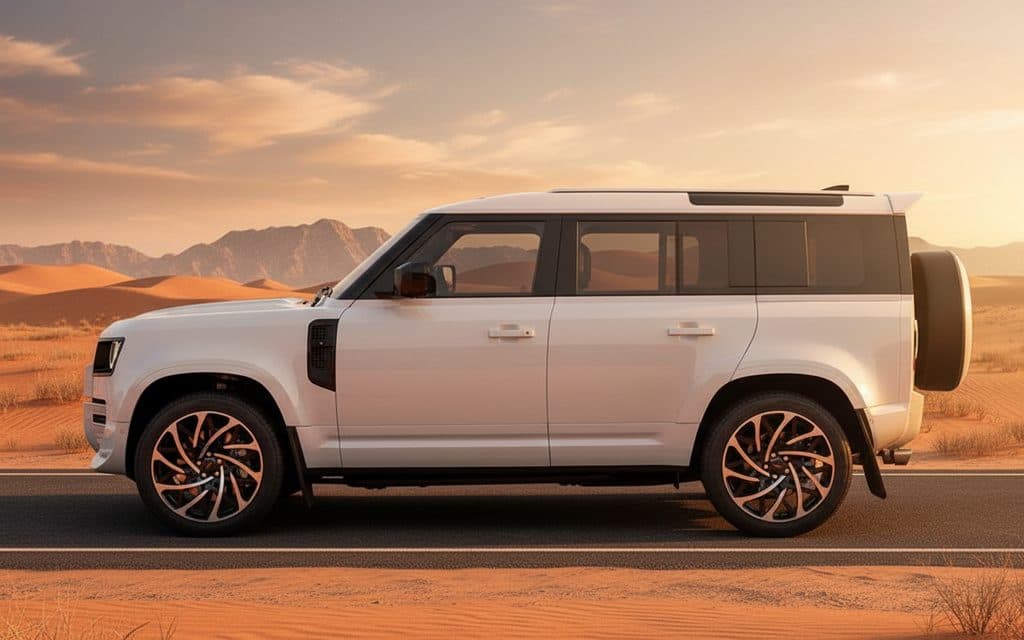 LandRover Defender 2025 White side profile – rental in Dubai