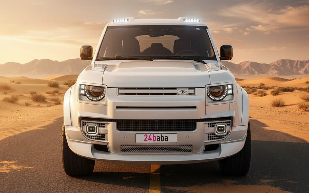 LandRover Defender 2025 White front view with headlights – rental in Dubai
