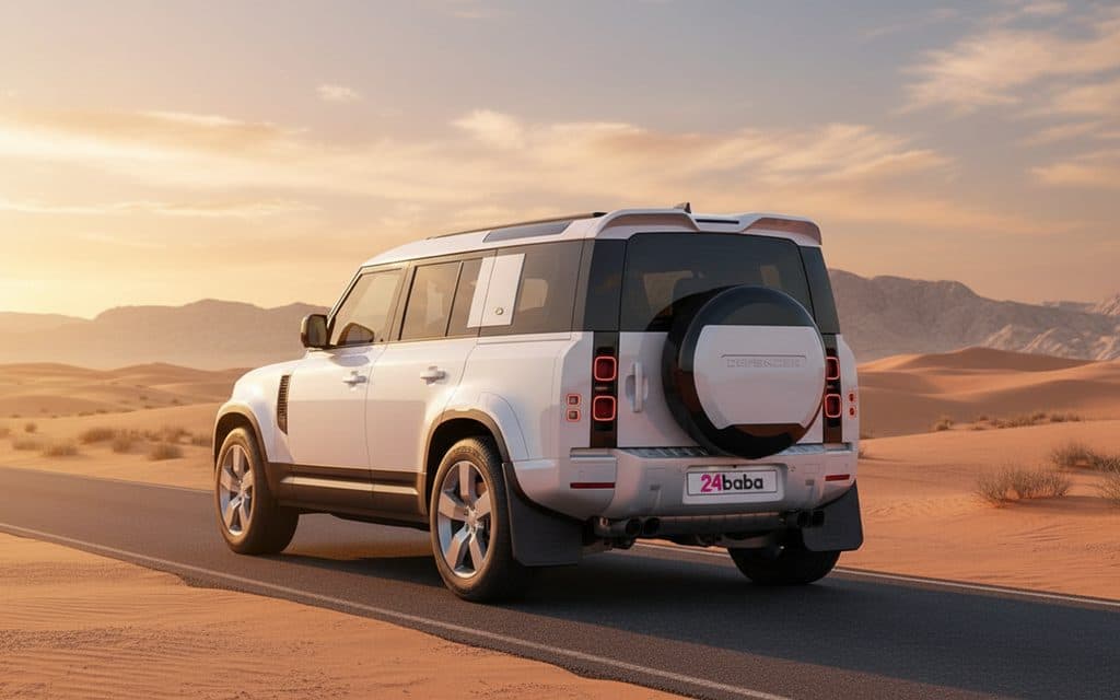 LandRover Defender 2025 White rear view showing taillights – rental in Dubai