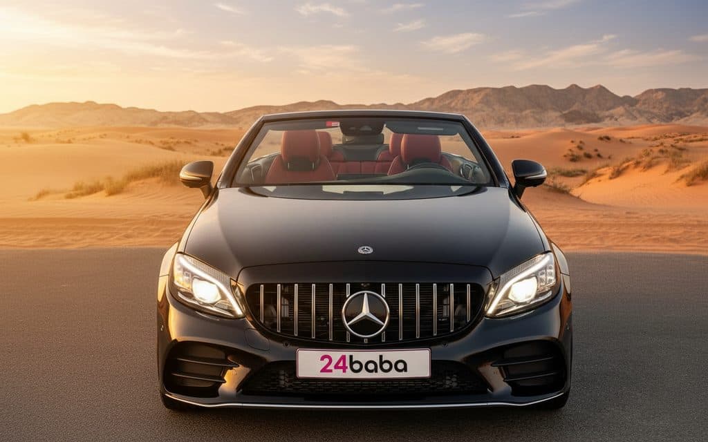 Mercedes C300 2021 Black front view with headlights – rental in Dubai