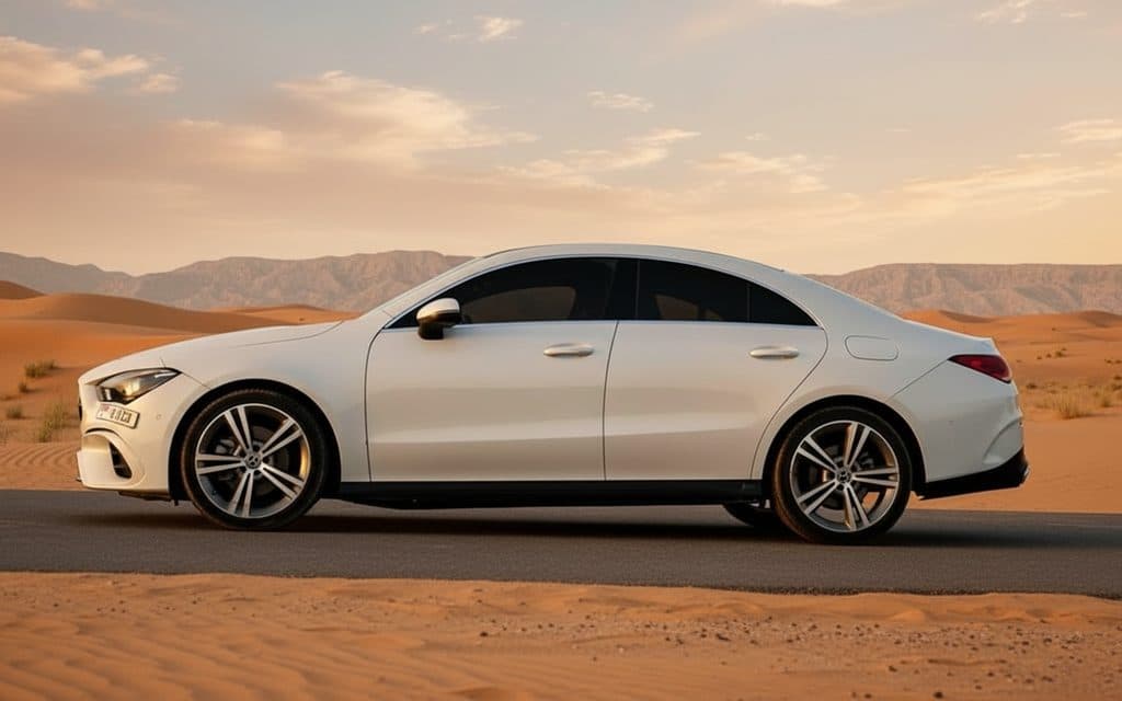 Mercedes Cla250 2021 White side profile – rental in Dubai