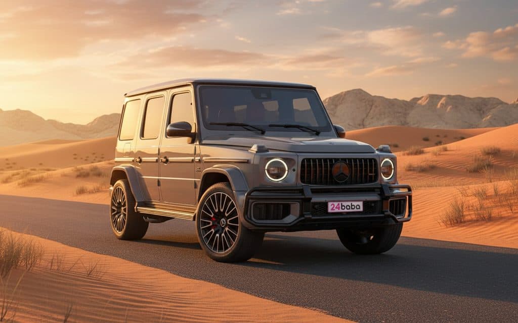 Mercedes G63 2025 Grey front view with headlights – rental in Dubai