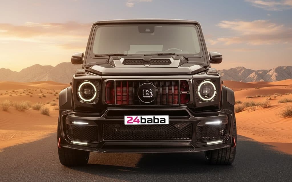 Mercedes G900 2022 Black front view with headlights – rental in Dubai