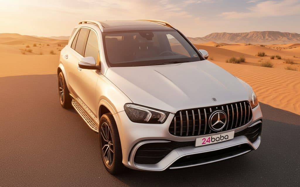 Mercedes Gle350 2021 Silver front view with headlights – rental in Dubai
