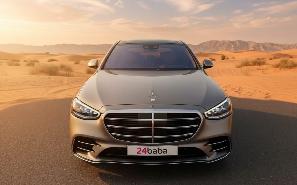 Mercedes S500 2024 Silver front view with headlights – rental in Dubai
