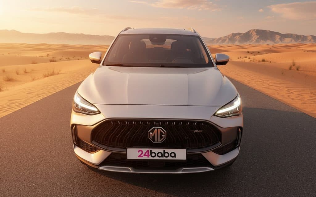 Mg Hs 2023 Silver front view with headlights – rental in Dubai
