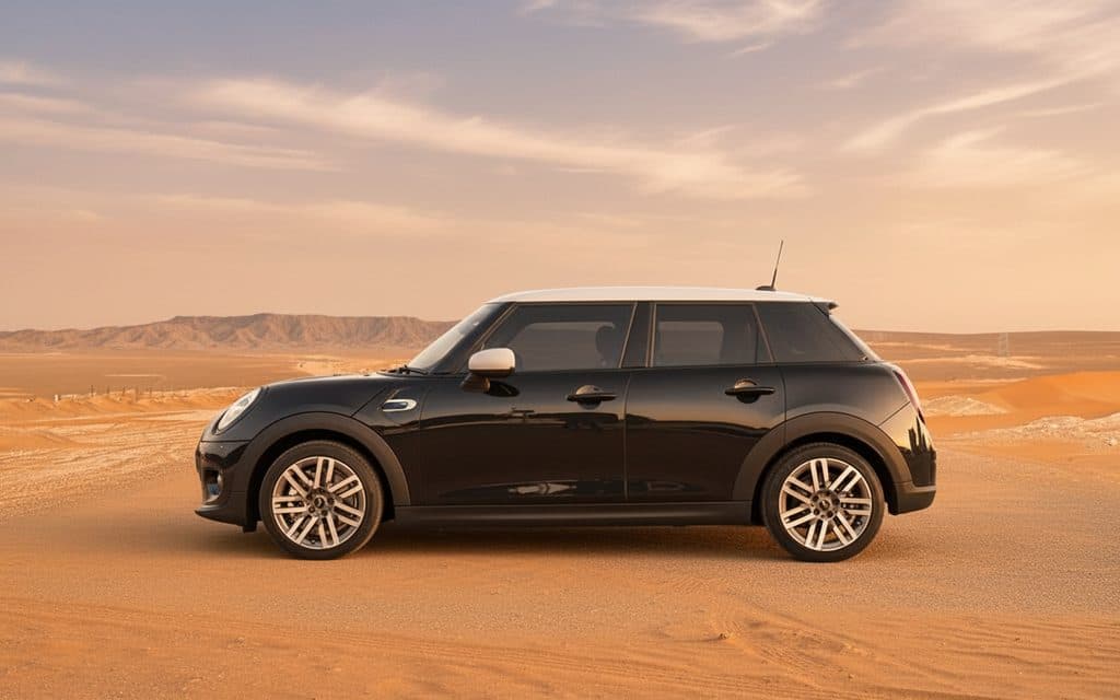 Mini Cooper 2025 Black side profile – rental in Dubai