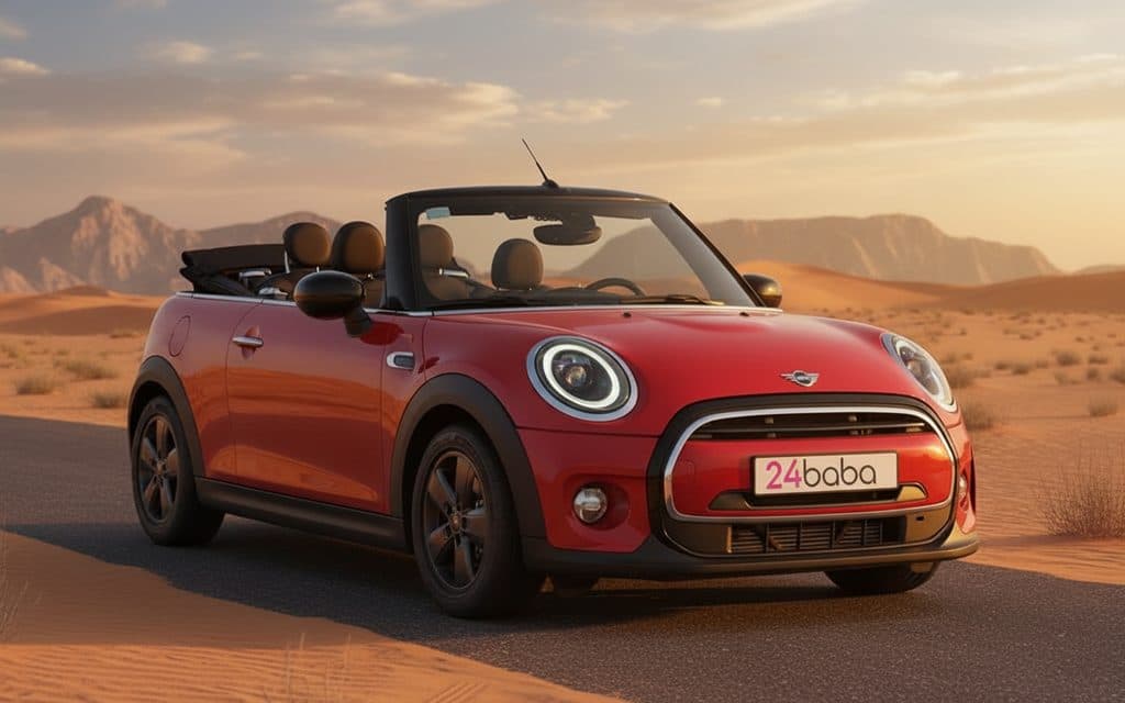 Mini Cooper 2023 Red front view with headlights – rental in Dubai