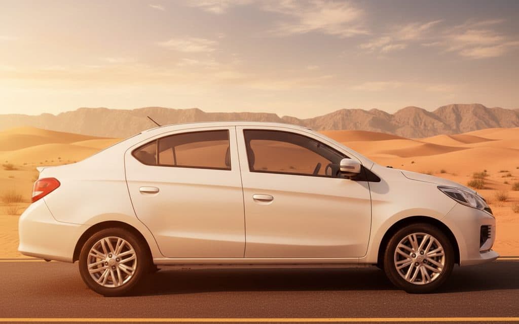 Mitsubishi Attrage 2021 White side profile – rental in Dubai
