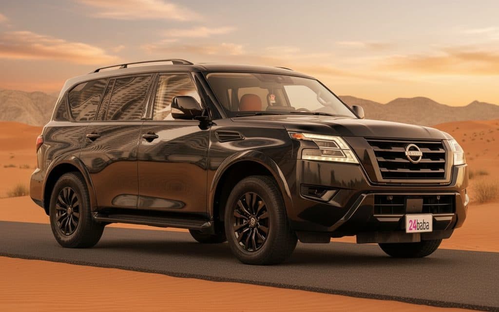 Nissan Armada 2022 Black front view with headlights – rental in Dubai