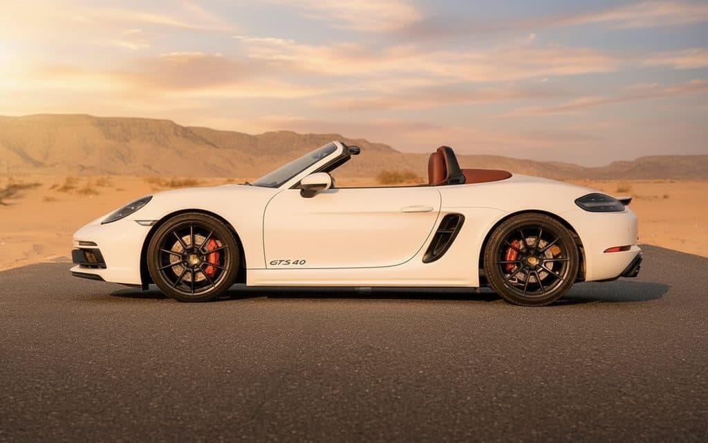 Porsche Boxster 2021 White side profile – rental in Dubai