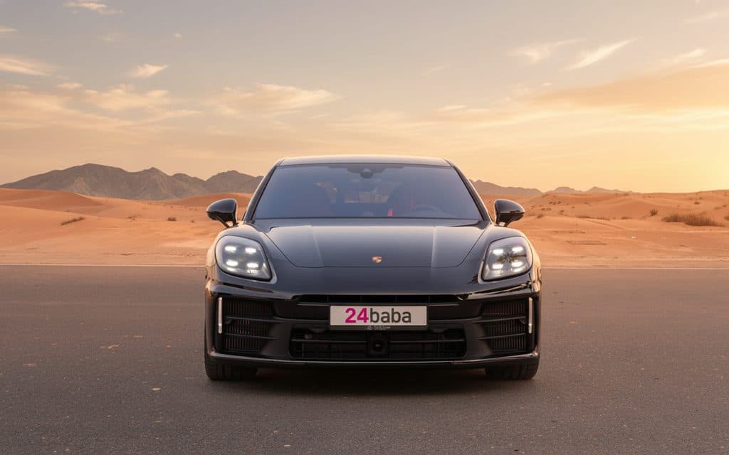 Porsche Panamera 2025 Black front view with headlights – rental in Dubai