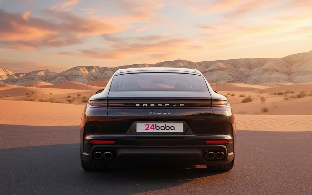 Porsche Panamera 2025 Black rear view showing taillights – rental in Dubai