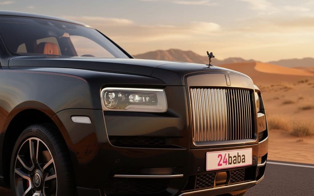 RollsRoyce Cullinan 2024 Black front view with headlights – rental in Dubai