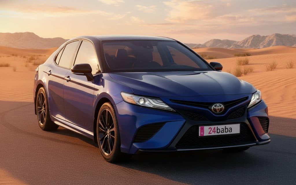 Toyota Camry 2020 Blue front view with headlights – rental in Dubai