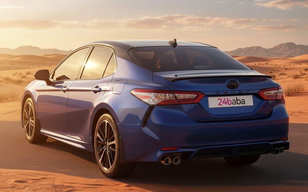 Toyota Camry 2020 Blue rear view showing taillights – rental in Dubai