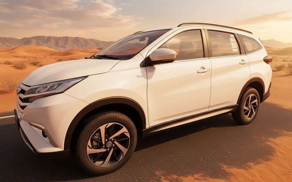 Toyota Rush 2023 White front view with headlights – rental in Dubai