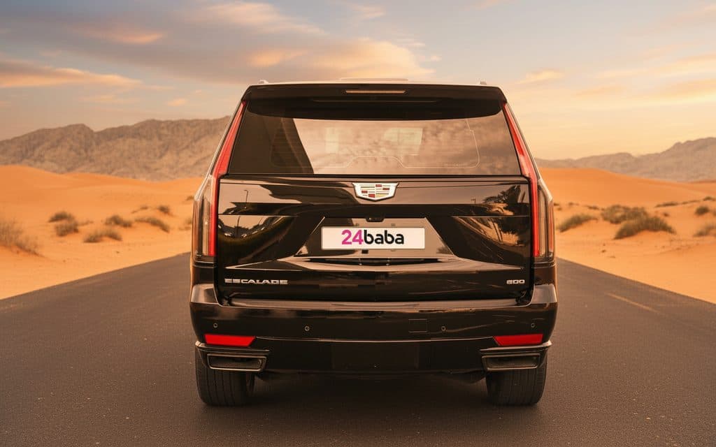 Cadillac Escalade 2024 Black rear view showing taillights – rental in Dubai