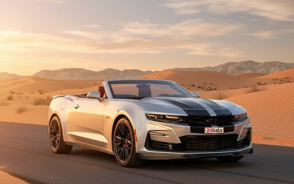 Chevrolet Camaro 2020 Silver front view with headlights – rental in Dubai