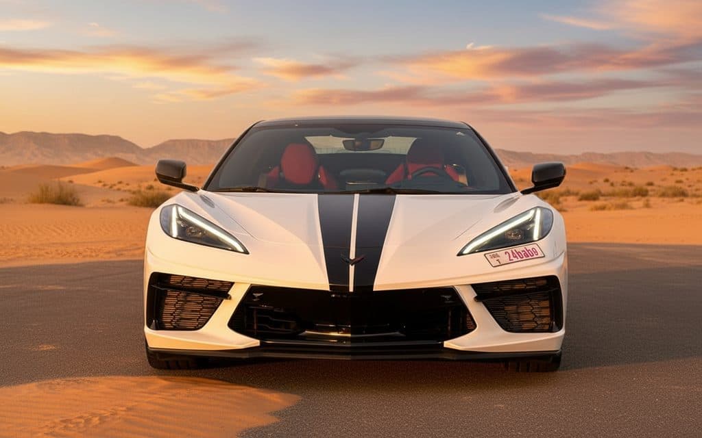 Chevrolet Corvette 2023 White front view with headlights – rental in Dubai