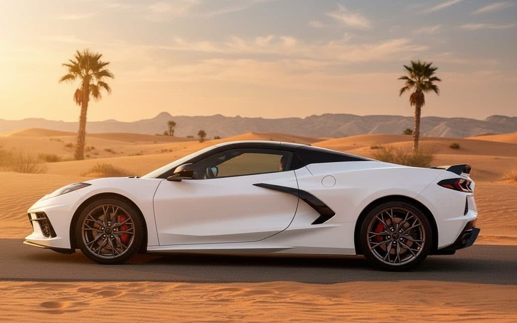Chevrolet Corvette 2023 White side profile – rental in Dubai