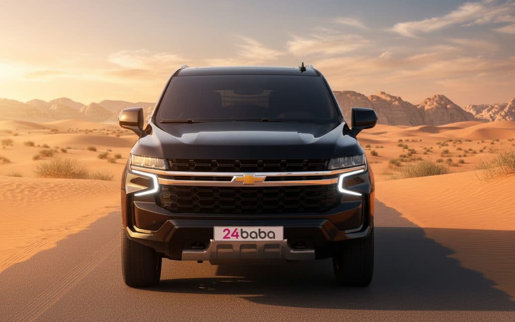 Chevrolet Tahoe 2023 Black front view with headlights – rental in Dubai
