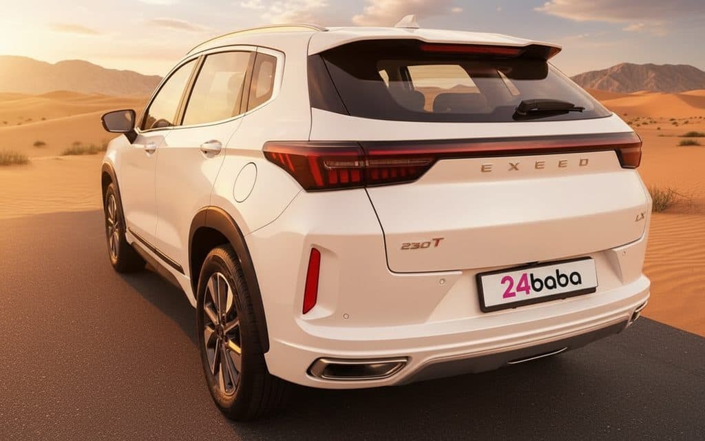 Exeed Lx 2024 White rear view showing taillights – rental in Dubai