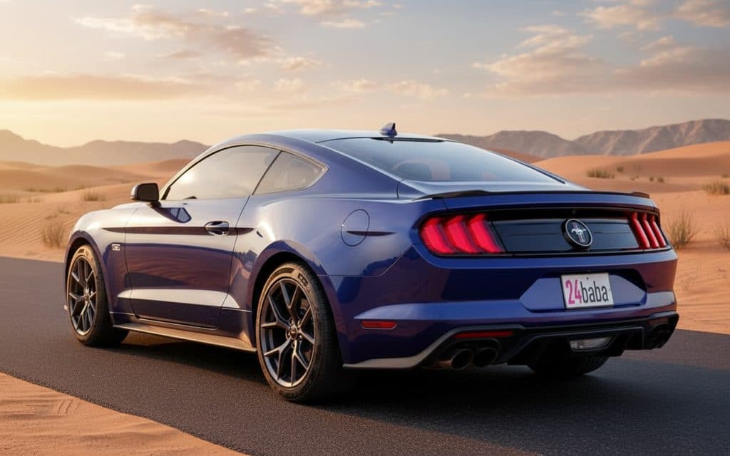 Ford Mustang 2020 Blue rear view showing taillights – rental in Dubai
