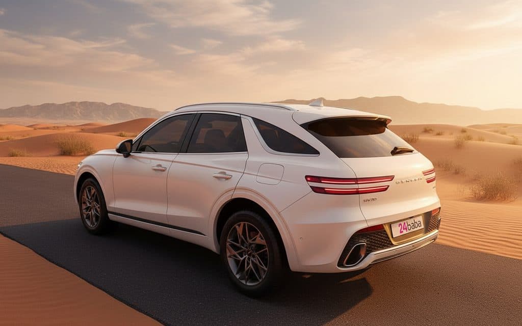Genesis Gv70 2023 White rear view showing taillights – rental in Dubai