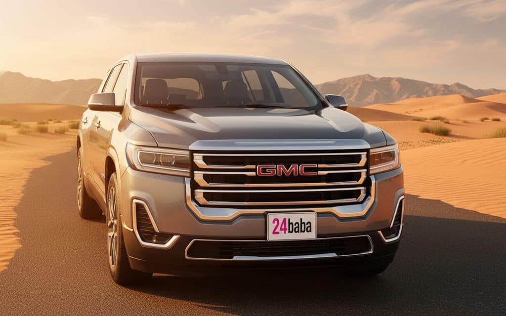 Gmc Acadia 2021 Grey front view with headlights – rental in Dubai