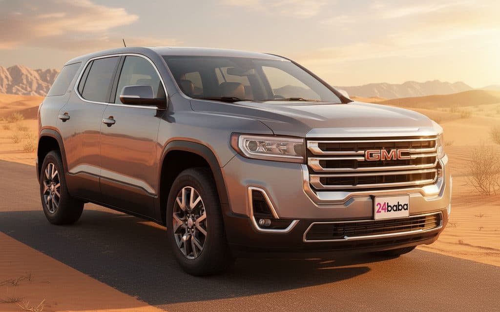 Gmc Acadia 2021 Grey front view with headlights – rental in Dubai