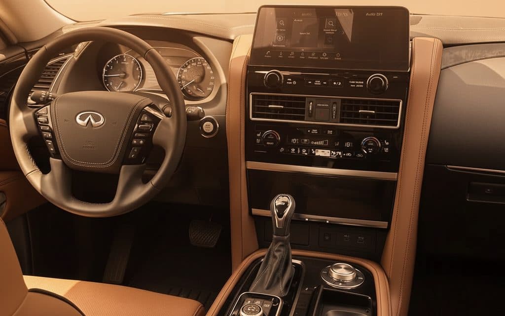 Infiniti Qx80 2024 interior view showing trim – rental in Dubai